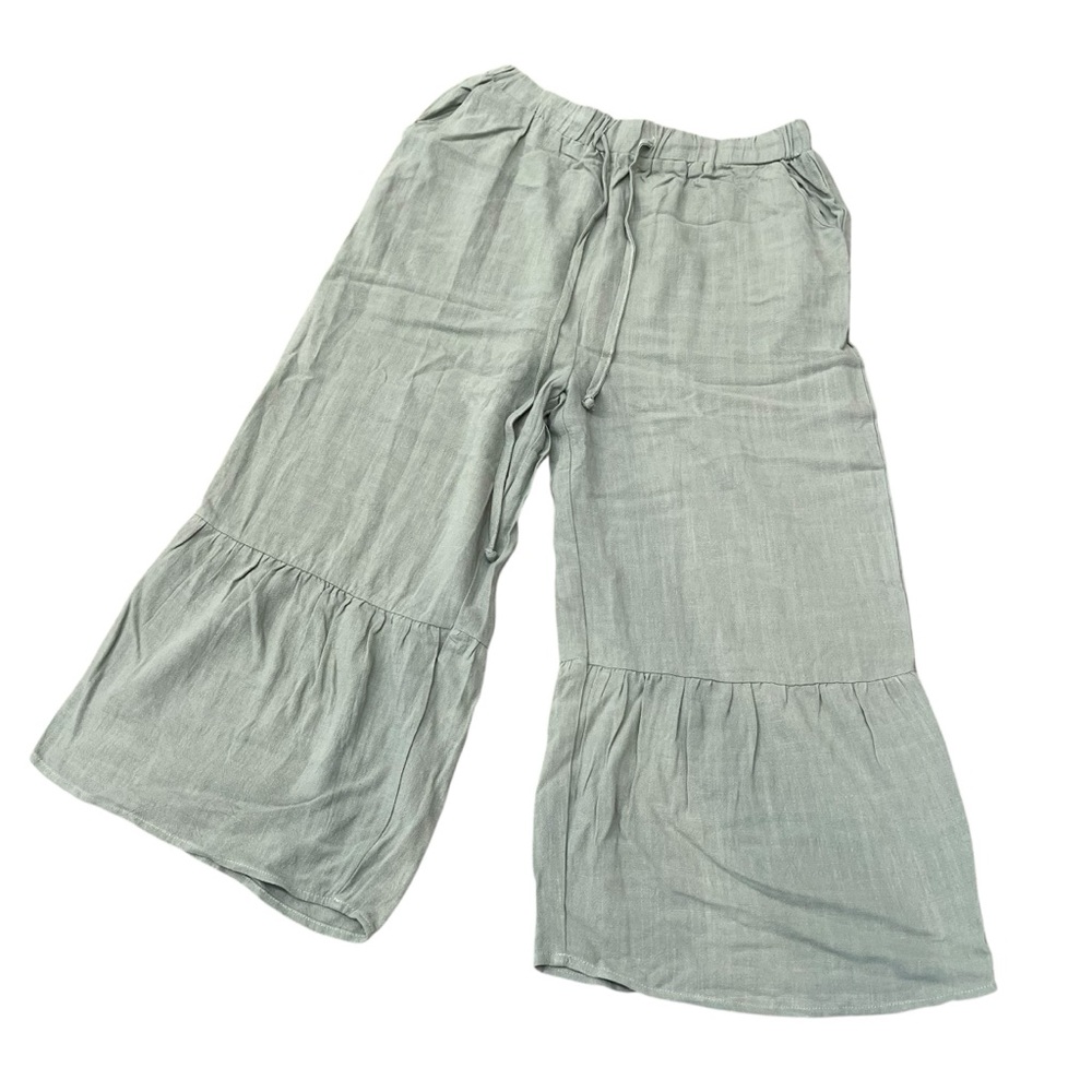Amaryllis Womens L Sage Green Tiered Boho Palazzo Crop Pants Drawstring Waist